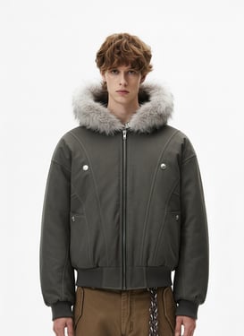 Faux Fur Hooded Padded Bomber Jacket - Dark Gray / XL