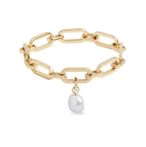 Link Chain Bracelet and Baroque Pearl Charm Gold Set