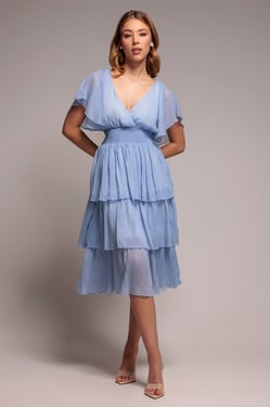 Goddiva Plain Lurex Chiffon Tiered Dress - Light Blue