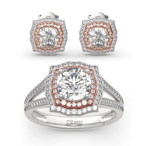 Jeulia Two Tone Halo Round Cut Sterling Silver Jewelry Set