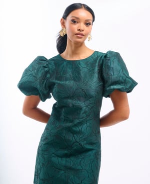 Green Jacquard Puff Sleeve Mini Dress - 18