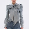 AKIRA Wait For U Denim Bow Blouse Top | Light Blue | Size XL
