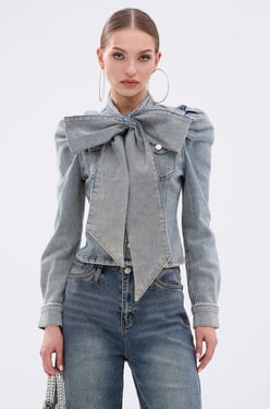 AKIRA Wait For U Denim Bow Blouse Top | Light Blue | Size 2X