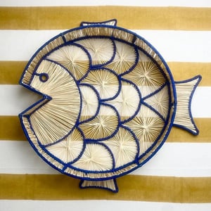 Fish Round Handwoven Decorative Iraca Tray - Navy Blue
