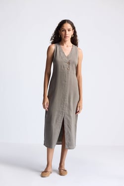 Straight Dress with Front Slit in Dark Green Hemp - Dark Green / 3XL