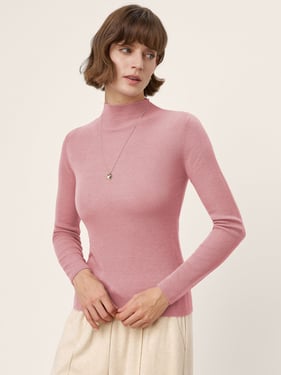 100% Extra-Fine Merino Wool Mock Neck Knit Sweater TIA - Pastel Pink / L