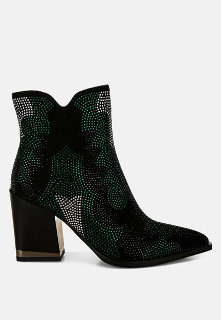 Zarka Rhinestones Embellished Block Heel Boots By RAG