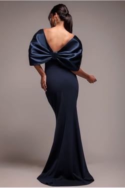 Goddiva Off Shoulder Back Satin Bow Scuba Maxi Dress - Navy Blue