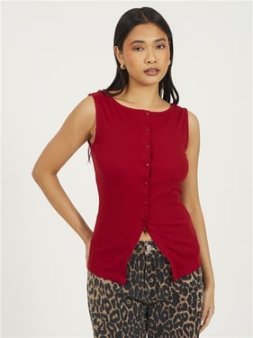 Brave Soul Rib Button Vest Top - Red - S