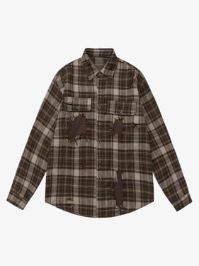 Retro Ripped Patchwork Long Sleeve Plaid Shirt - Brown / 2XL