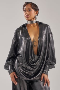AKIRA Melinia Metallic Drape Blouse | Size 1X/2X