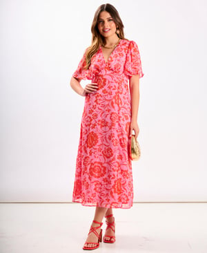 Pink Floral Chiffon Flutter Sleeve Midi - 20