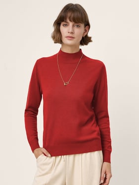 100% Extra-Fine Merino Wool Crew Neck Ribbed Knit Sweater CASSIA - Ruby Red / XXL