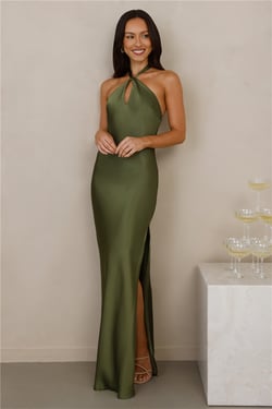 The Delilah Satin Halter Maxi Dress Olive
