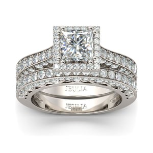 Jeulia Halo Princess Cut Sterling Silver Ring Set