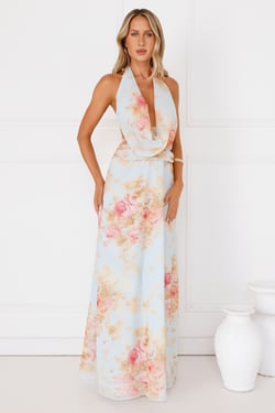 Dreamy Petals Halter Maxi Dress Blue