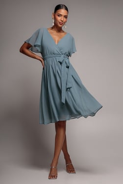 Goddiva Chiffon Flutter Sleeve Wrap Midi Dress - Airforce Blue