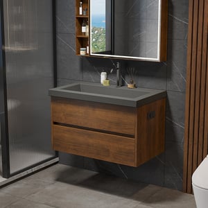 31.5" Floating Bathroom Vanity Wall Mounted Concrete  with Single Sink & Charging Station in Walnut