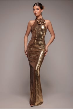 Goddiva Liquid Sequin Halterneck Maxi With Corsage - Gold