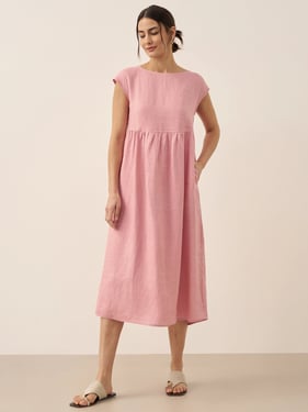 100% Linen Cap Sleeve Washed Maxi Dress JOAN - Pastel Pink / XXXL