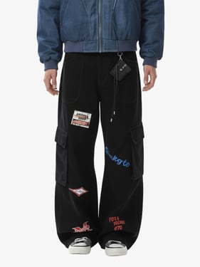 Retro Patchwork Graphic Multi-Pocket Flared Cargo Pants - Black / 2XL