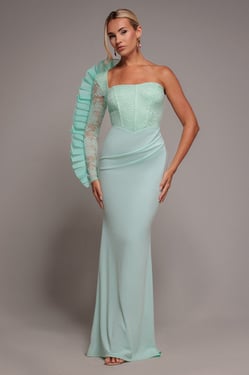 Goddiva One Shoulder Organza  Fan Detail Lace Bodice Maxi Dress - Mint Green
