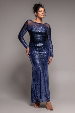 Goddiva Plus Long Sleeve Aztec Sequin Maxi Dress - Navy