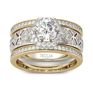 Jeulia Vintage Halo Round Cut Sterling Silver Ring Set