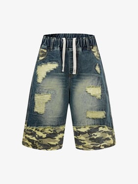 Distressed Camouflage Denim Shorts - Dark Blue / 2XL