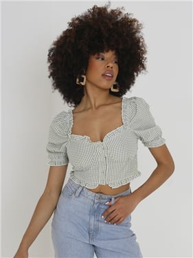 Brave Soul Textured Gingham Cropped Puff Sleeve Top - Green / White - M