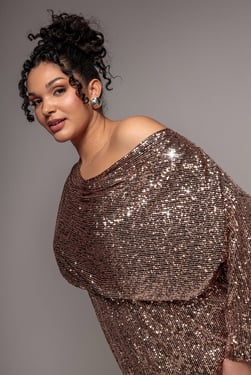 Goddiva Plus Sequin Cowl Neck Midi Dress - Champagne