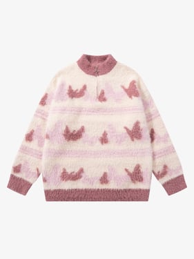 Contrast Stripe Butterfly Jacquard Half-zip Sweater - Apricot / XL