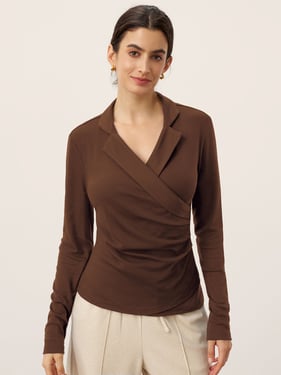 Wool Asymmetric Side Ruched Stretch Top BRIONY - Sweet Hazelnut / XXL