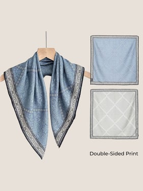 Wool Silk Printed Neck Square Scarf - Blue Double-Print / One Size