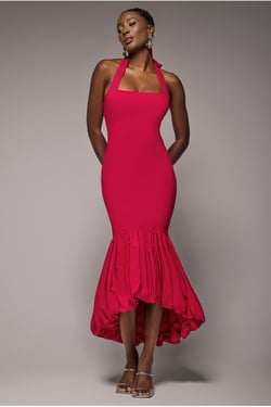 Goddiva Halter Neck Puff Hem Mermaid Midaxi Dress - Red
