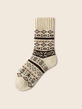 Wool Blend Retro Jacquard Thick Over-the-Calf Socks - White / One Size