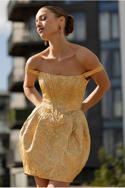 Goddiva Corset Balloon Skirt Lace Up Back Mini Dress - Gold