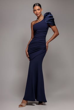 Goddiva One Shoulder Puffed Satin Sleeve Evening Maxi Dress - Navy Blue