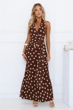 Nova Nights Halter Polka Dot Maxi Dress Brown