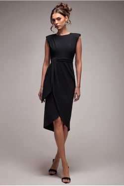 Goddiva Sleeveless Asymmetric Wrap Midi Dress - Black