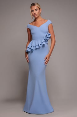 Goddiva Scuba Crepe Rose Frill Maxi Dress - Cornflower Blue