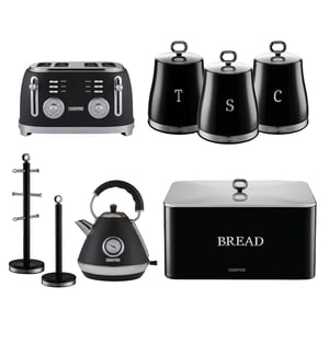 Black Retrovive Kettle, 4-Slice Toaster, 3 Canister Set, Bread Bin Mug Tree & Towel Pole