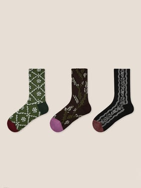 Long-Staple Cotton 3-Pair Floral Embossed Slouch Mid-Calf Sock Set - Mountain Canvas / One Size