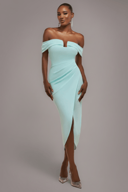 Goddiva Off The Shoulder Chiffon Wing Scuba Crepe Midi Dress - Mint Green