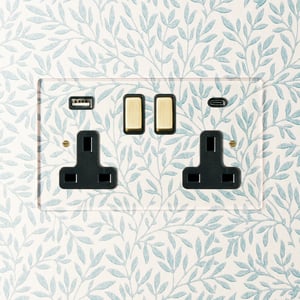 Lucian perspex double socket with USB type A & C in clear perspex with black inserts and aged brass switch