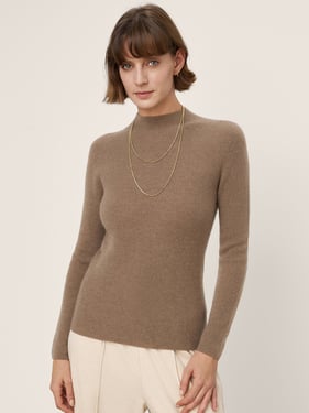 Premium Cashmere Blend Hand-Finished Seamless Fitted Mock Neck Sweater ZINA - Caramel Brown / L