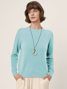 Premium Cashmere Blend Hand-Finished Seamless Crew Neck Ribbed Trim Knit Top WANDA - Soft Teal / XXL