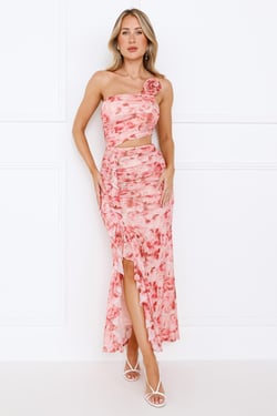 Rebel Rose One Shoulder Mesh Maxi Dress Pink