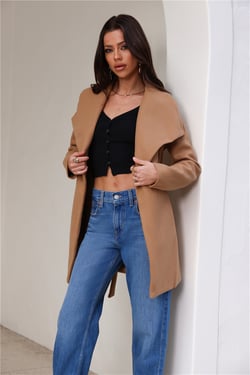 French Winter Wide Collar Wrap Coat Tan
