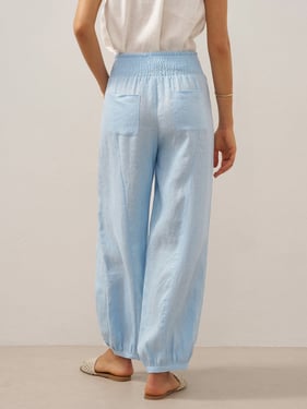 100% Linen Broad Elastic Waistband Pants TALIA - Baby Blue / XXL